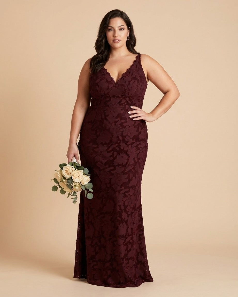 Silvarelle Chic Plus Size Sheath Bridesmaid Dress with Lace Overlay for Wedding Ceremony -N0355
