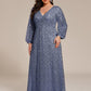 Plus Size V-Neck Lantern Long Sleeve Sequin A-Line Evening Dress