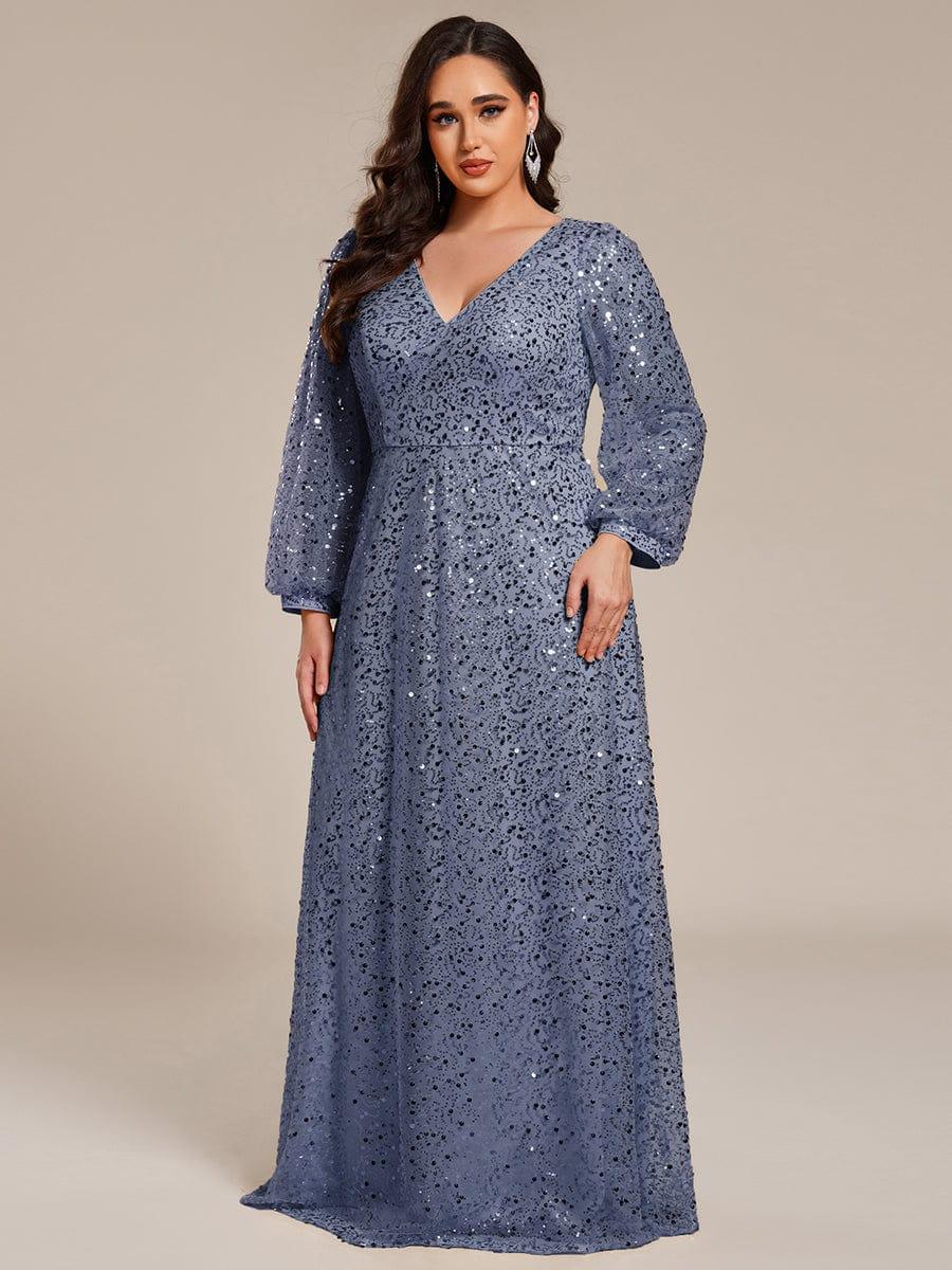 Plus Size V-Neck Lantern Long Sleeve Sequin A-Line Evening Dress