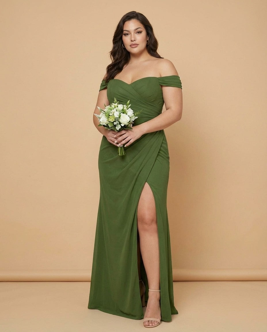 Elanthia Convertible Off-the-Shoulder Mesh Plus Size Bridesmaid Dress for Weddings - N0344