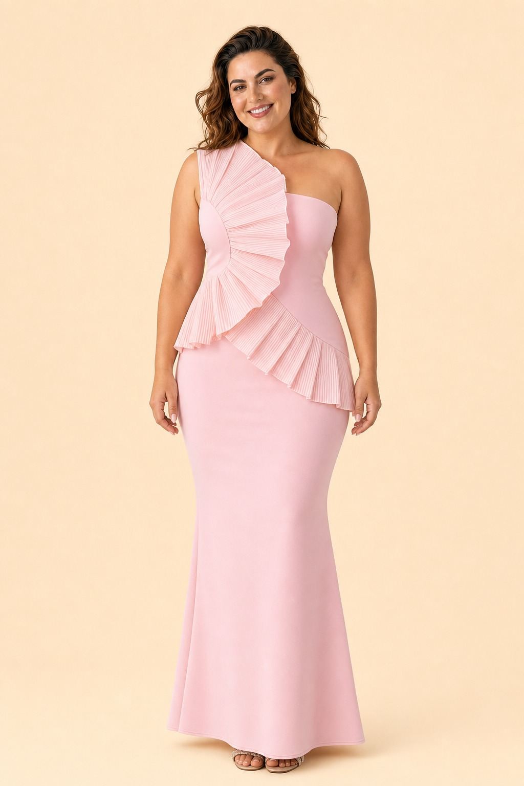 Plus Size One Shoulder Maxi Bridesmaid Dress with Fan Pleats and Elegant Fit