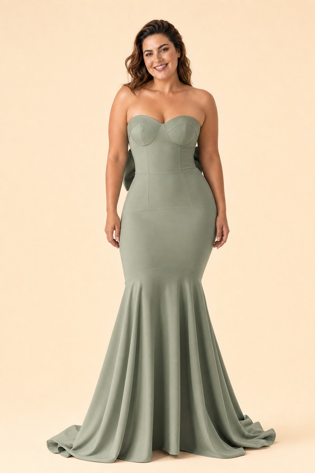 Plus Size Strapless Bridesmaid Dress with Bow Back and Chapel Train