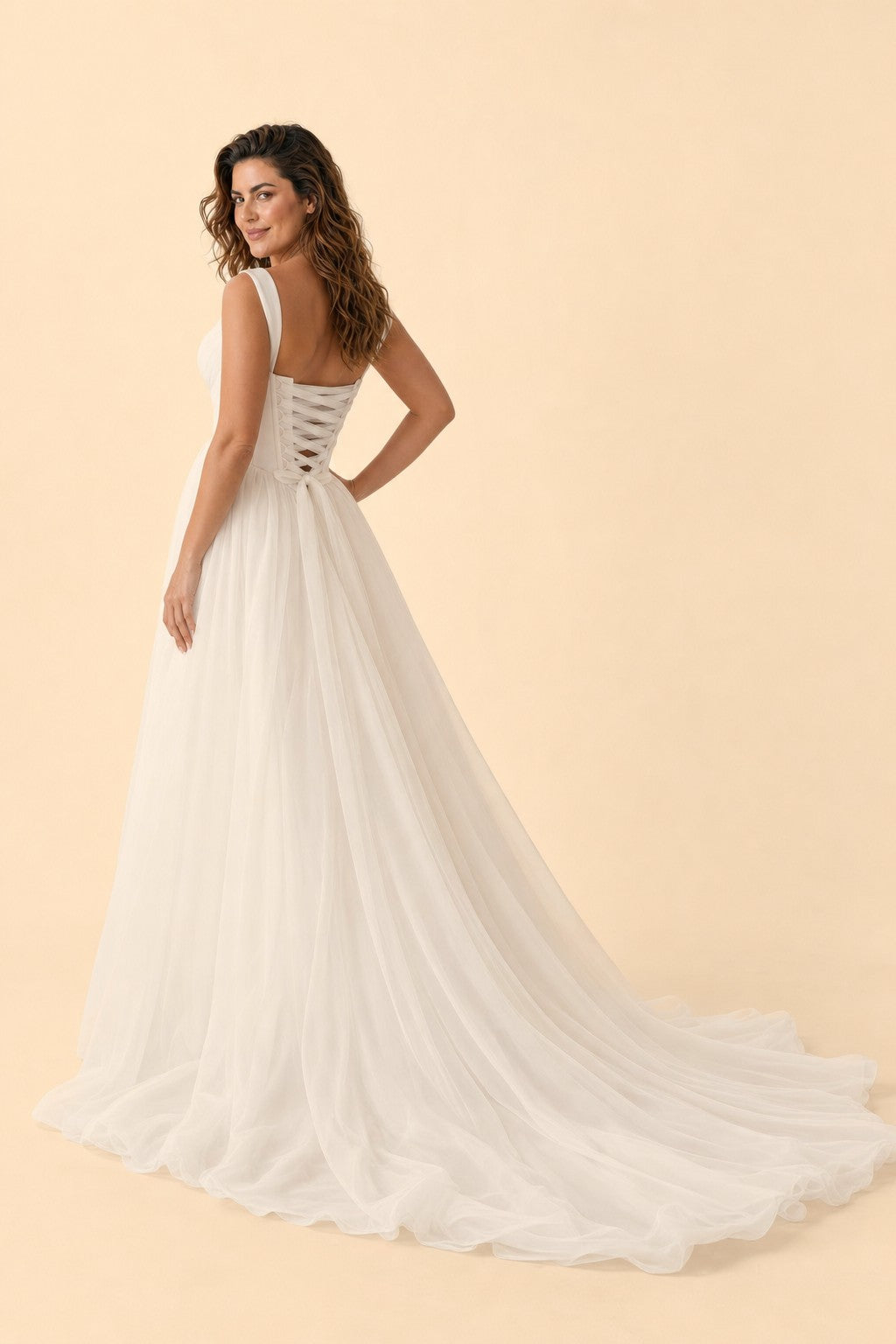 Plus Size A-Line Wedding Dress with Basque Waist and Lace Up Back