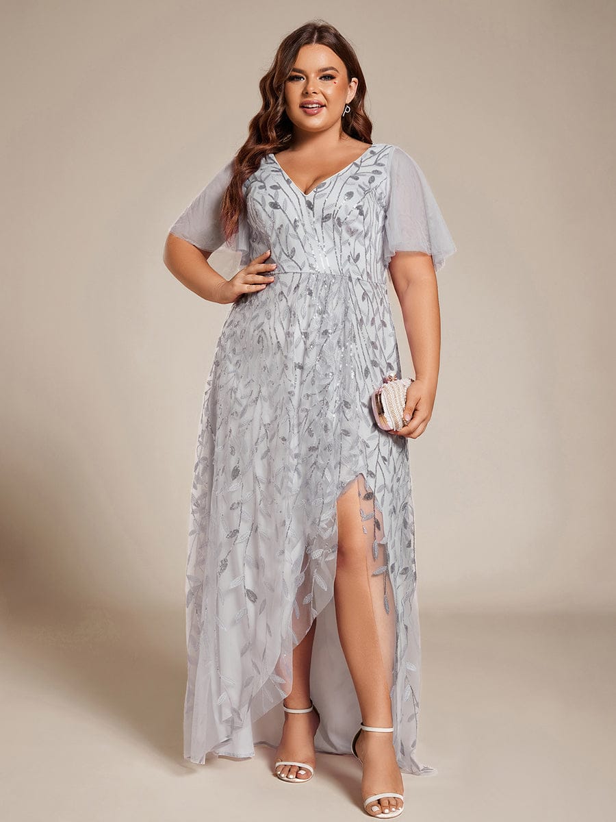 Plus Size Short Sleeves Sequin High Low V-Neck Midi Formal Evening Dress