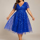 Plus Size Sparkly A-Line Midi Tulle Formal Wedding Guest Dress with Leaf Sequin