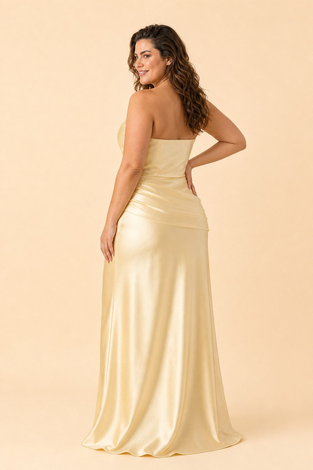Plus Size Strapless Bridesmaid Dress Ruched Maxi Dress with Draped Waist Tie Elegant Gown