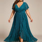 Plus Size Short Sleeve Ruffled V-Neck A-Line Lace Wedding Guest Dress