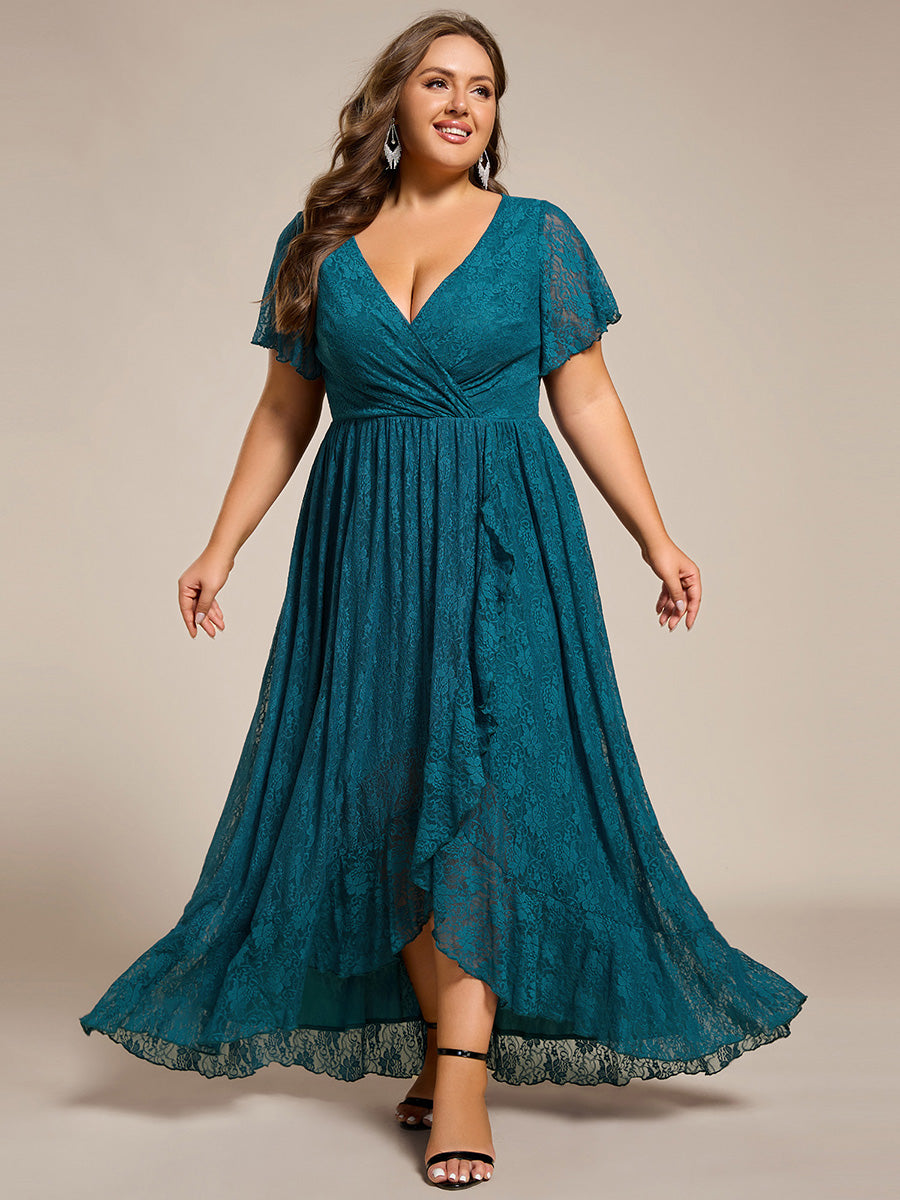 Plus Size Short Sleeve Ruffled V-Neck A-Line Lace Wedding Guest Dress