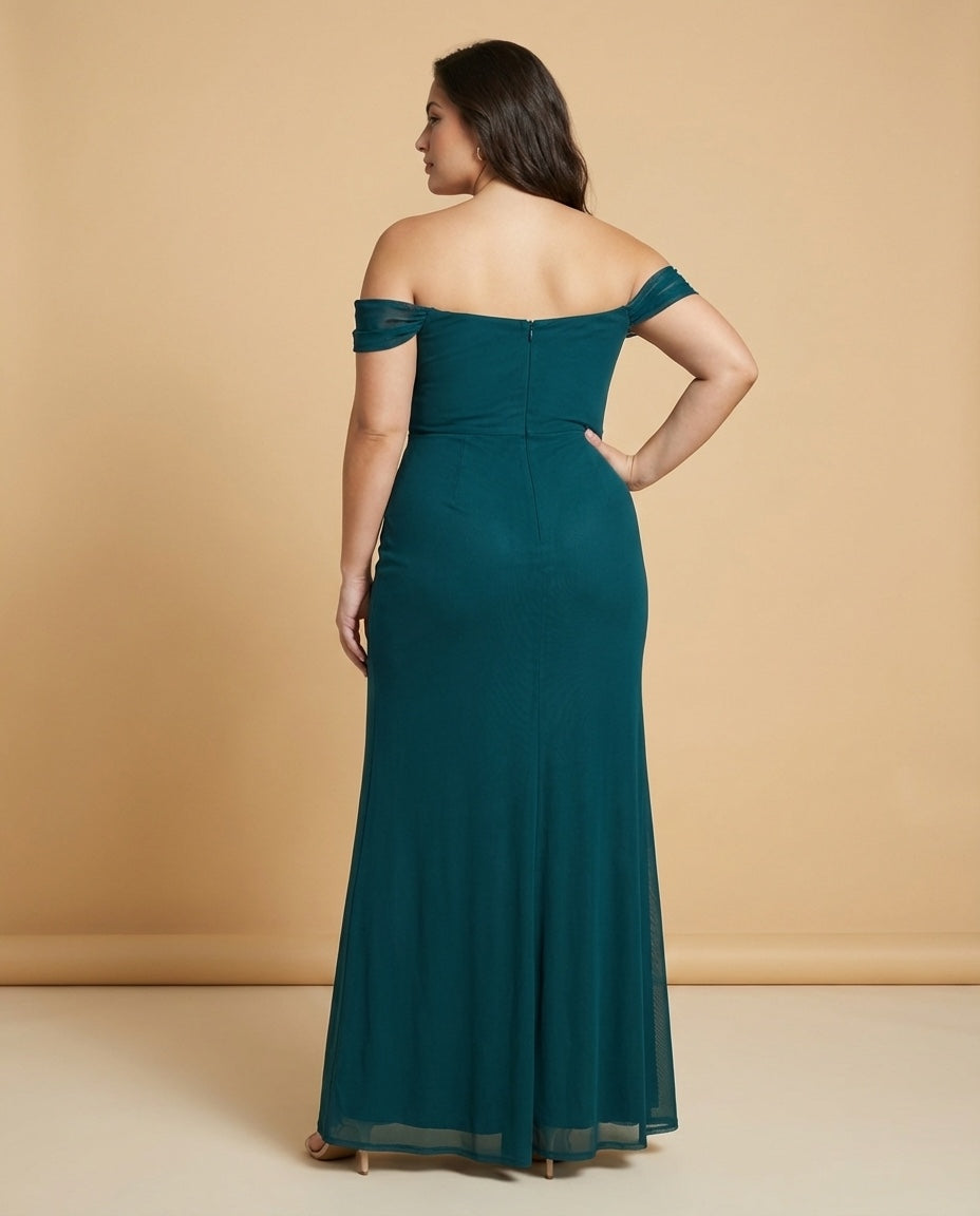 Elanthia Convertible Off-the-Shoulder Mesh Plus Size Bridesmaid Dress for Weddings - N0344