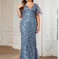 Fashion Plus Size V Neck Mermaid Sequin & Tulle Evening Dress
