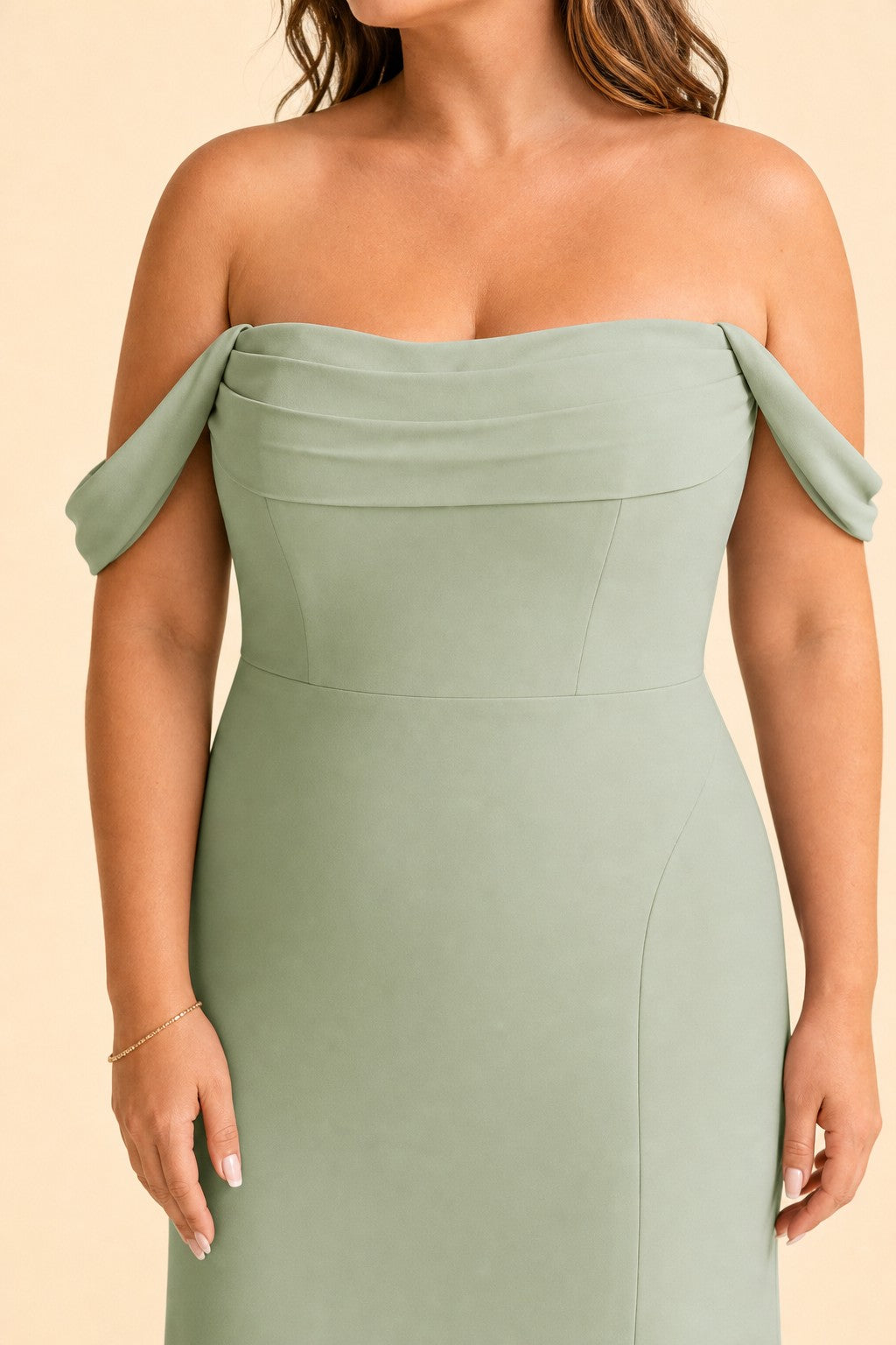 Plus Size Off Shoulder Chiffon Bridesmaid Dress with Pleated Details and Elegant Leg Slit