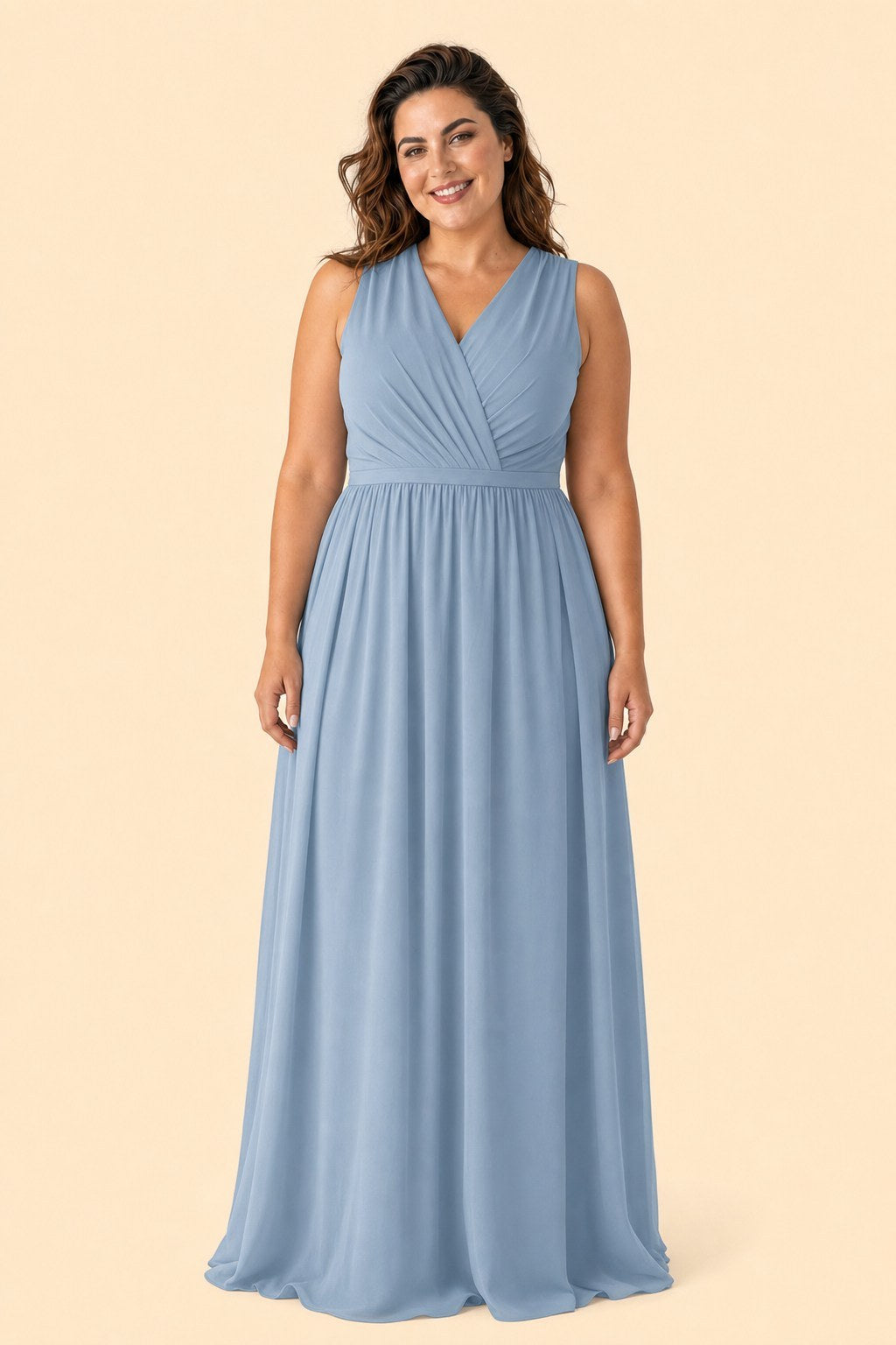 Elegant Plus Size Bridesmaid Dress with Lace Panel Back and Soft Pleats