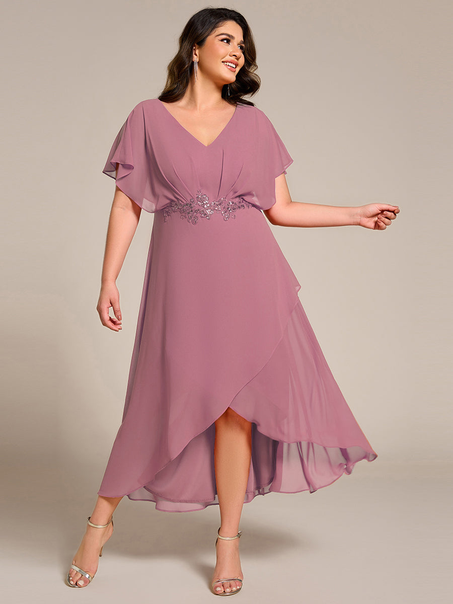 Plus Size V-Neck Chiffon Bat-Wing Sleeve A-Line Waist Applique Formal Dress
