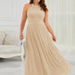 Plus Size Glittery Halter Neck Pleated Formal Evening Dress