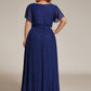 Plus Size V-Neck Glittery Short Sleeves Formal Evening Dress with Empire Waist