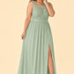 Plus Size Lace Bridesmaid Dress with Slit and Pockets Elegant A-Line Chiffon Open Back Formal Gown