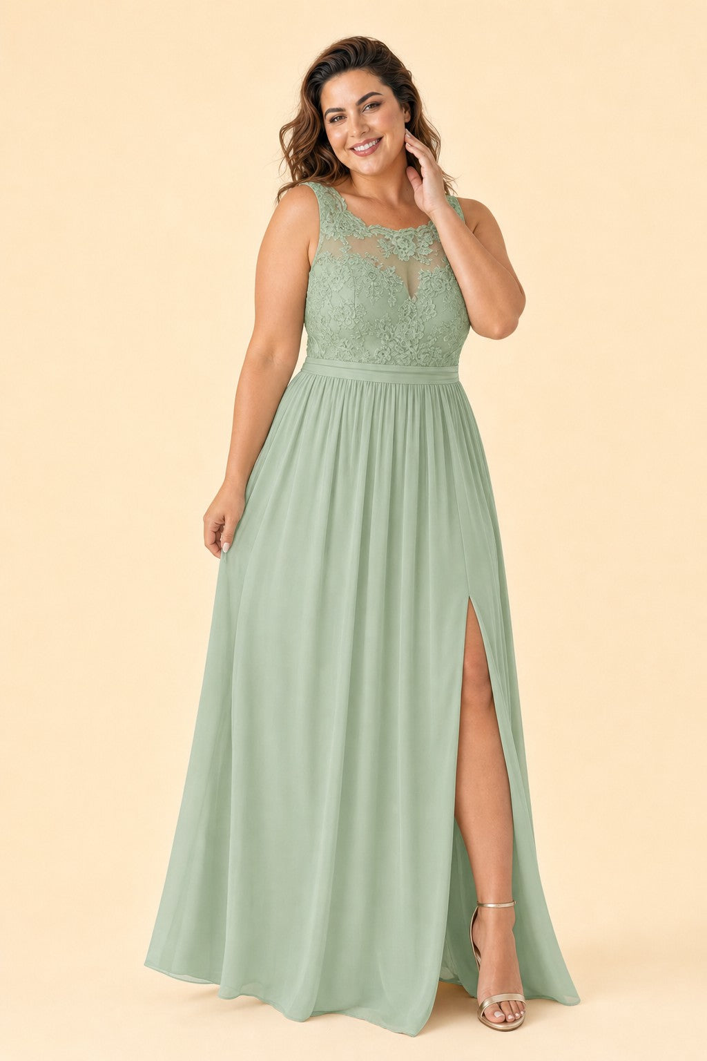 Plus Size Lace Bridesmaid Dress with Slit and Pockets Elegant A-Line Chiffon Open Back Formal Gown