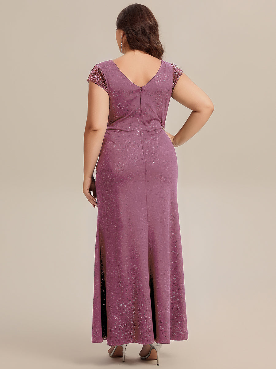 Plus Size Knotted Knit Cap Sleeve Maxi Glitter Evening Dress