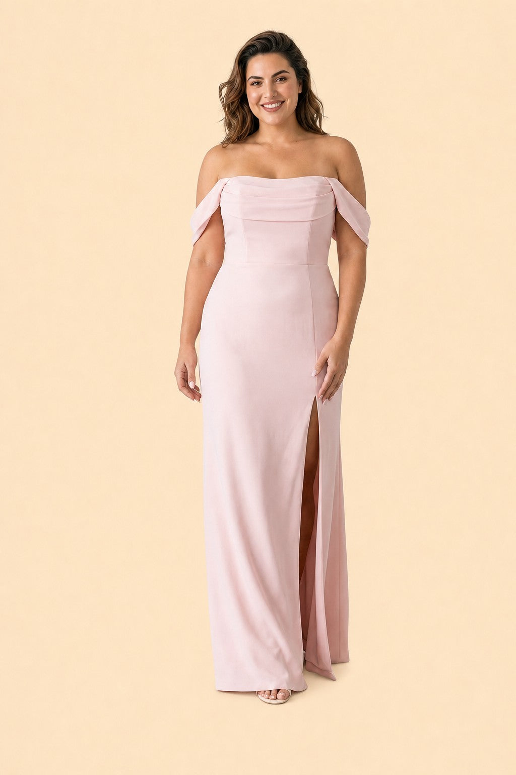 Plus Size Off Shoulder Chiffon Bridesmaid Dress with Pleated Details and Elegant Leg Slit