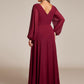 Plus Size A-Line V-Neck See-Through Long Sleeves Shiny Belt Chiffon Evening Dress
