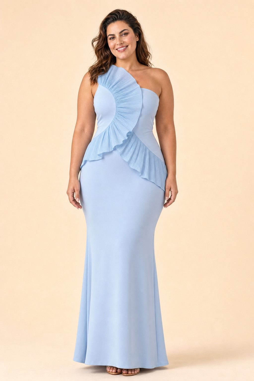 Plus Size One Shoulder Maxi Bridesmaid Dress with Fan Pleats and Elegant Fit