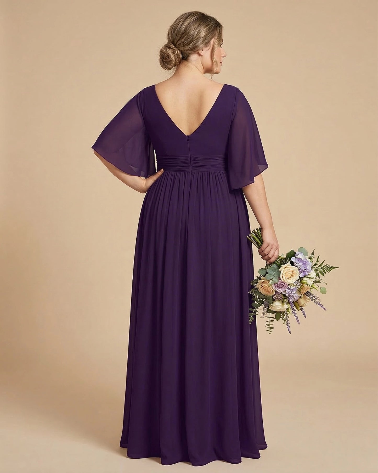 Petaline Romantic Plus Size A-Line Bridesmaid Dress with V-Neck Pleated Chiffon - for Weddings N0301