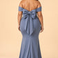 Plus Size Off Shoulder Ruched Bridesmaid Dress with Statement Back Bow
