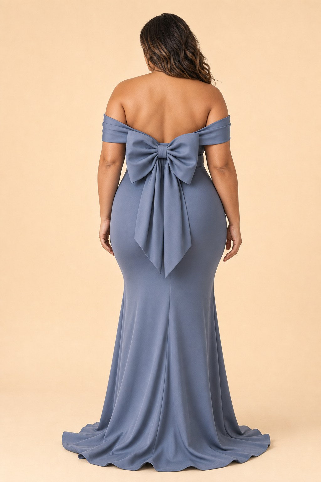 Plus Size Off Shoulder Ruched Bridesmaid Dress with Statement Back Bow