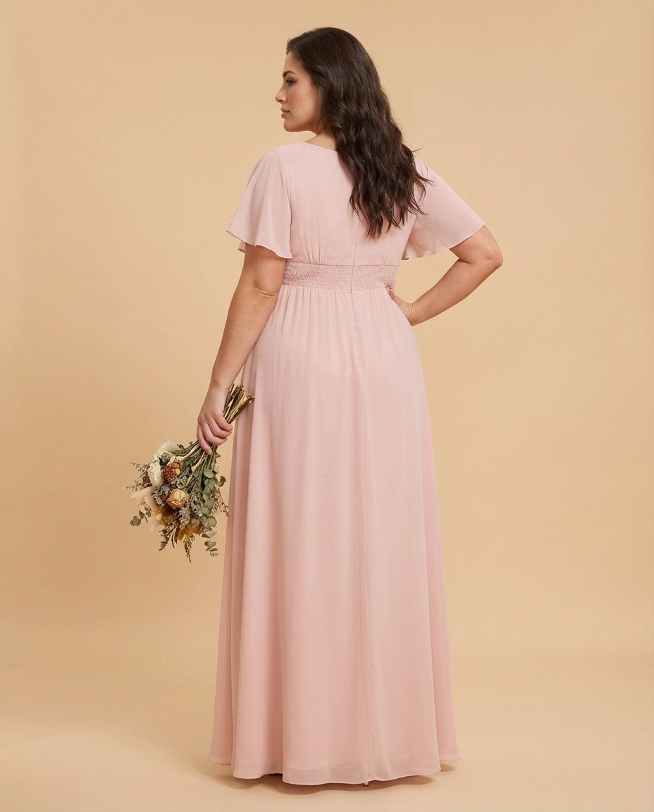 Petaline Plus Size Short Sleeve Chiffon Bridesmaid Dress N0322
