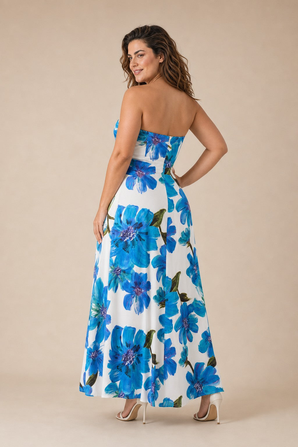 Plus Size Strapless Floral Beaded Evening Gown in Ivory Blue for Weddings and Formal Events