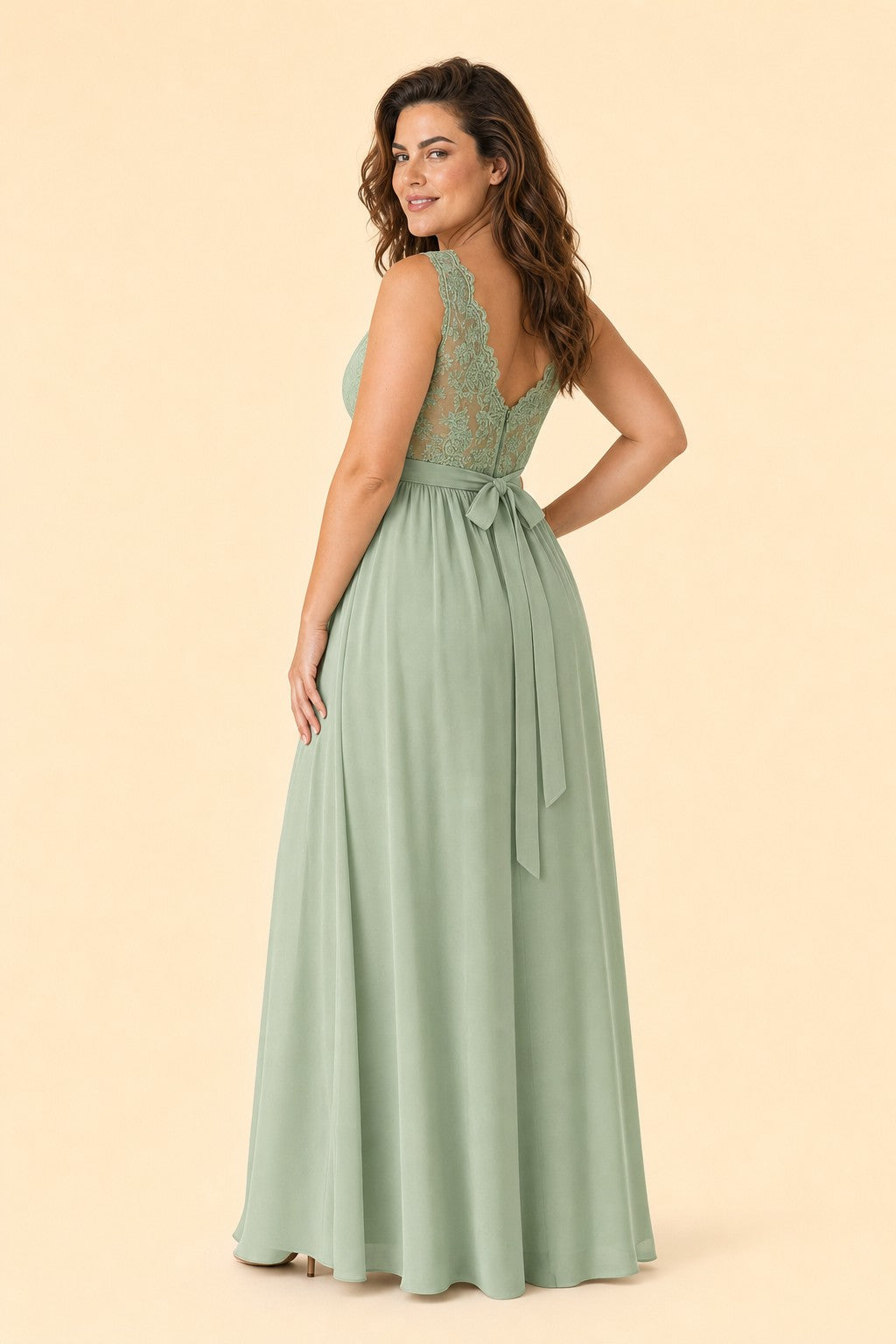 Plus Size Lace Bridesmaid Dress with Slit and Pockets Elegant A-Line Chiffon Open Back Formal Gown