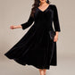 Plus Size Elegant Pleated Velvet Stretchy Tea Length Wedding Guest Dress