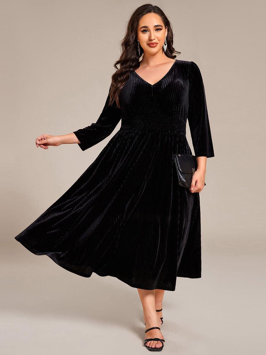 Plus Size Elegant Pleated Velvet Stretchy Tea Length Wedding Guest Dress