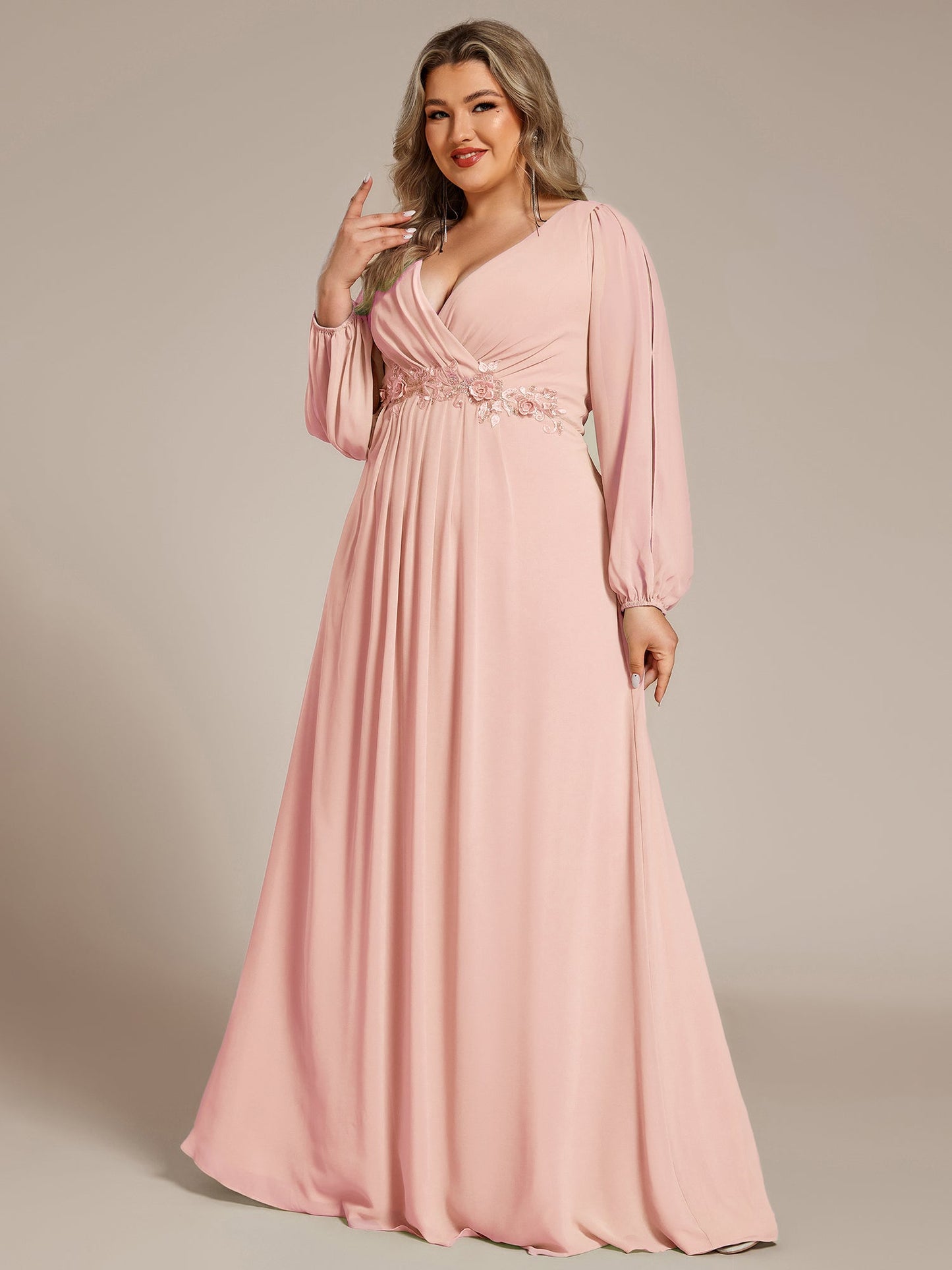 Stylish Plus Size Chiffon Formal Evening Dresses with Long Lantern Sleeves