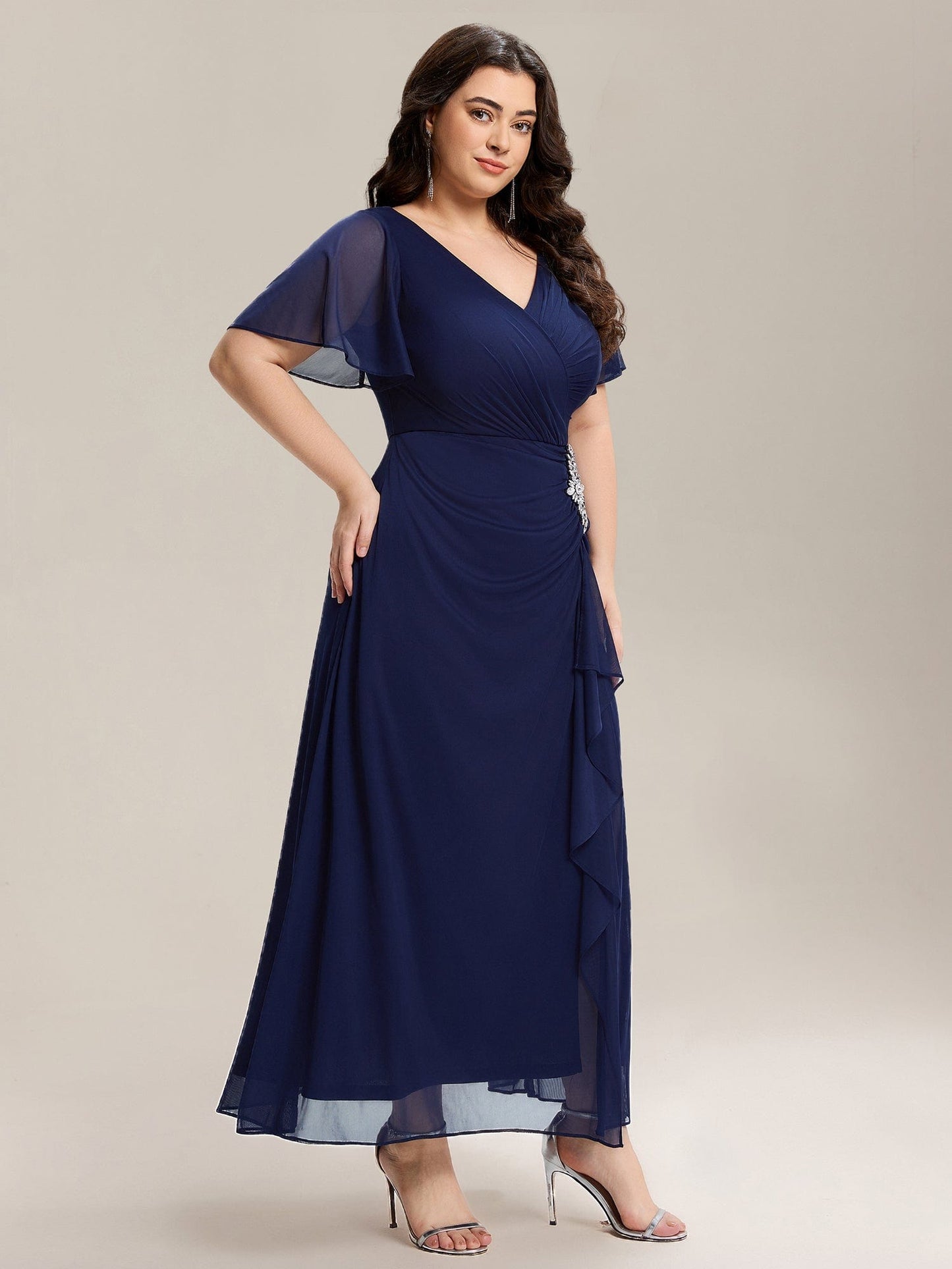 Plus Size Rhinestone Embellished Chiffon Ruffle Sleeve Dress