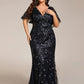 Fashion Plus Size V Neck Mermaid Sequin & Tulle Evening Dress