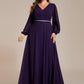 Plus Size A-Line V-Neck See-Through Long Sleeves Shiny Belt Chiffon Evening Dress