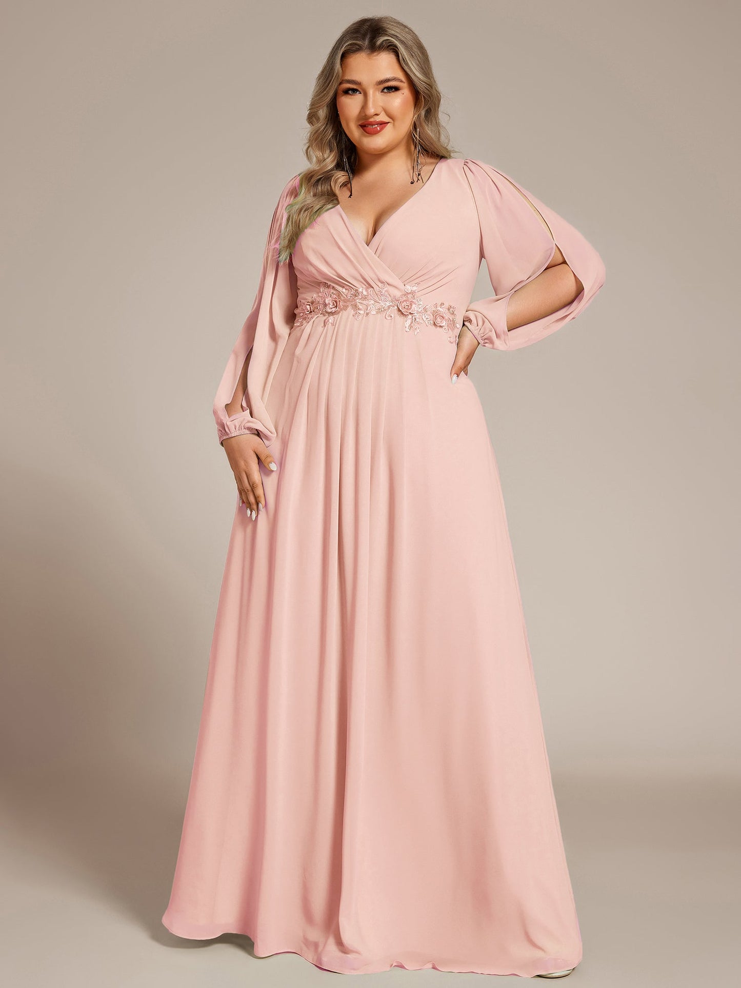 Stylish Plus Size Chiffon Formal Evening Dresses with Long Lantern Sleeves