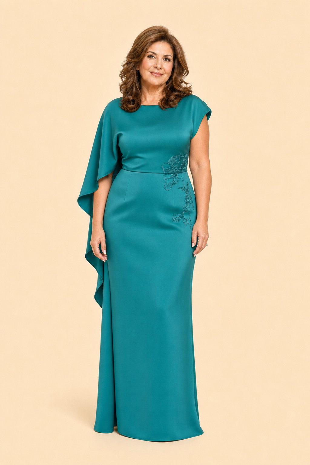 Plus Size Mother of the Bride Dress with Asymmetrical Cape and Embroidery
