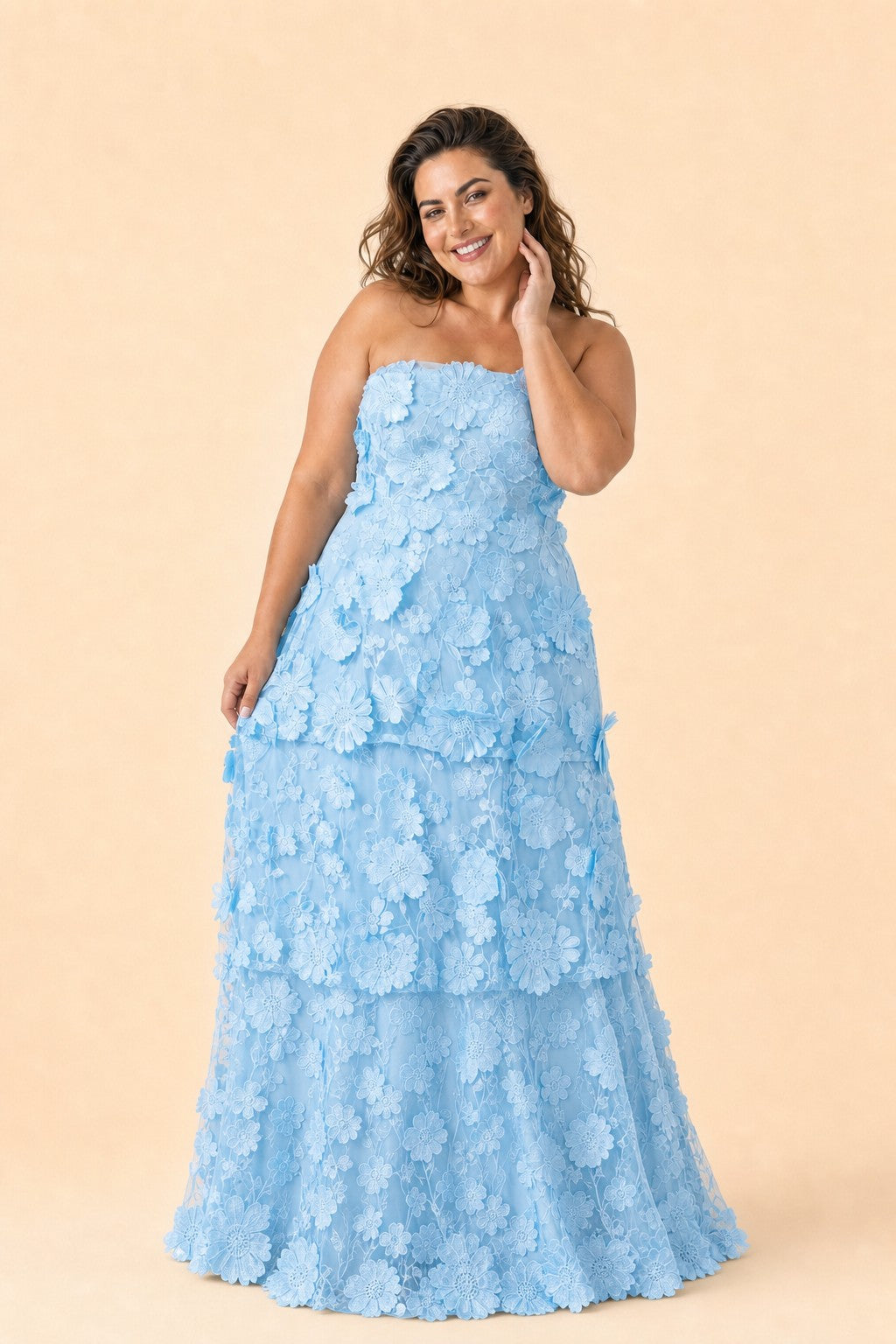Romantic Lace Up Back Bridesmaid Gown Featuring 3D Floral Appliqué Tiered Flowy Skirt
