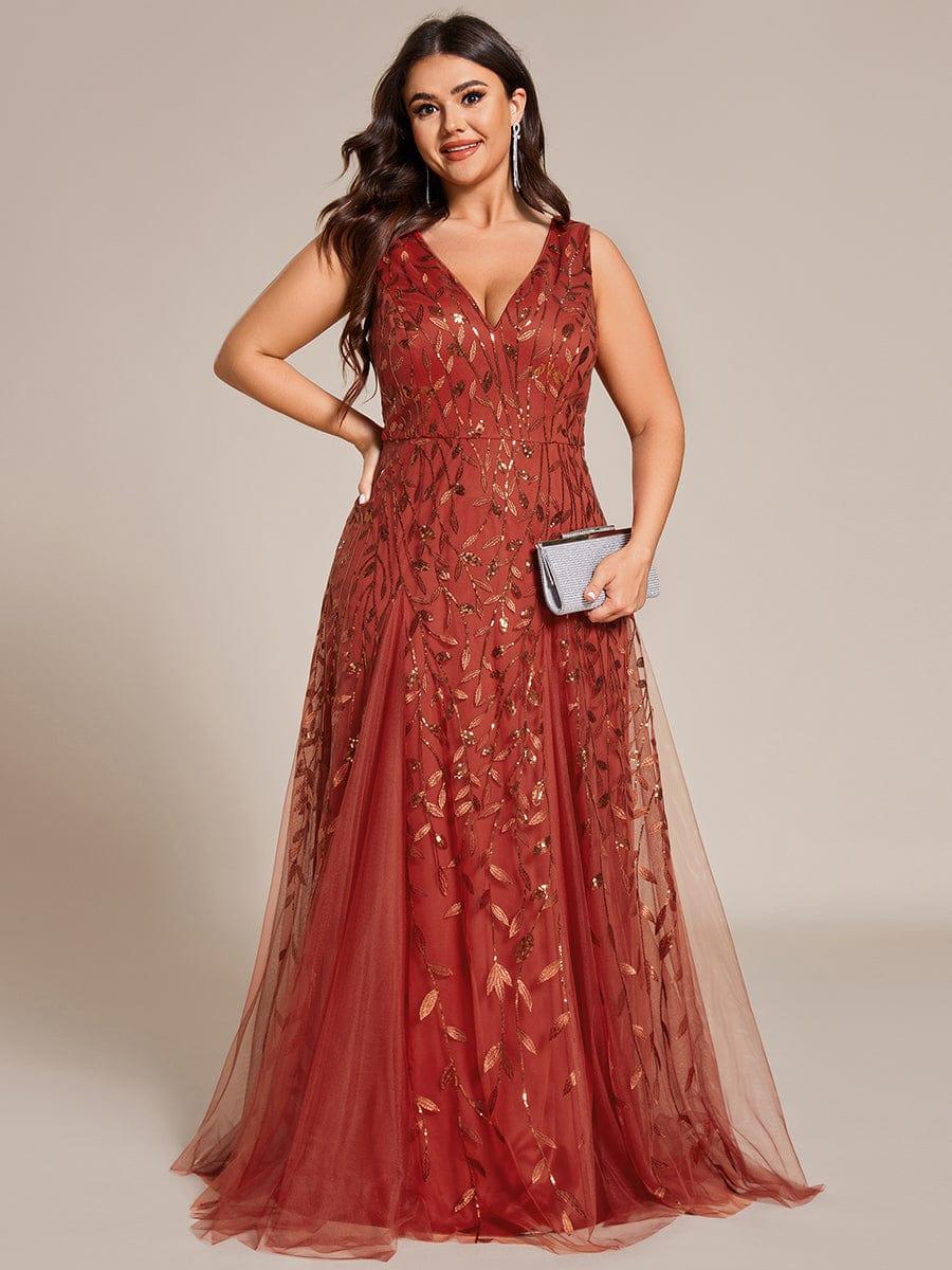 Plus Size Sparkling Sleeveless Leaf Sequin A-Line Formal Evening Dress