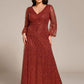 Plus Size V-Neck Lantern Long Sleeve Sequin A-Line Evening Dress