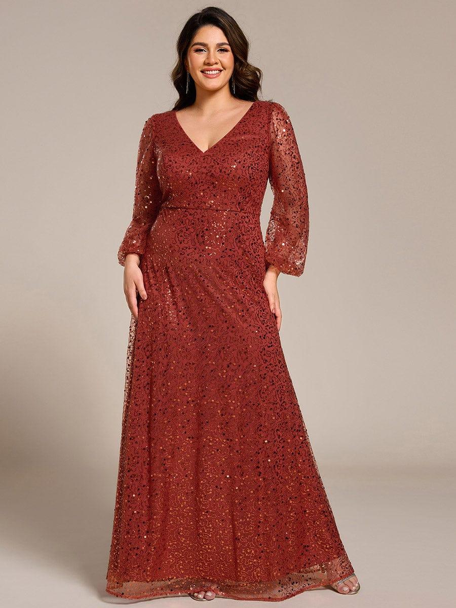 Plus Size V-Neck Lantern Long Sleeve Sequin A-Line Evening Dress