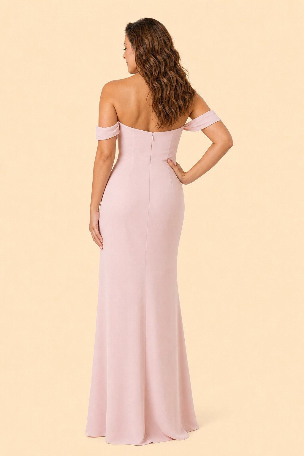 Plus Size Off Shoulder Chiffon Bridesmaid Dress with Pleated Details and Elegant Leg Slit