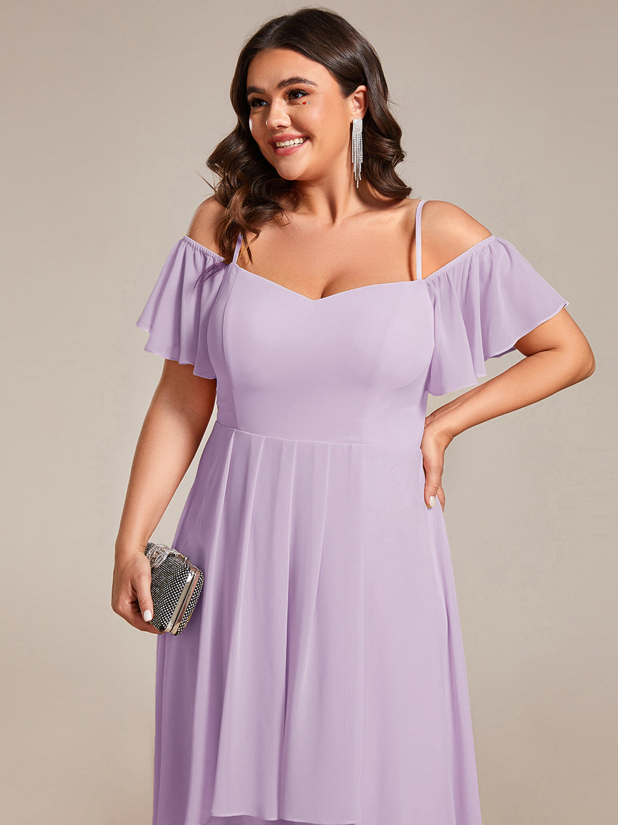 Plus Size Cold Shoulder Sweetheart Necklin Chiffon Midi Wedding Guest Dress