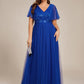Plus Size Short Sleeves Sequin V-Neck Formal Evening Dress with Tulle
