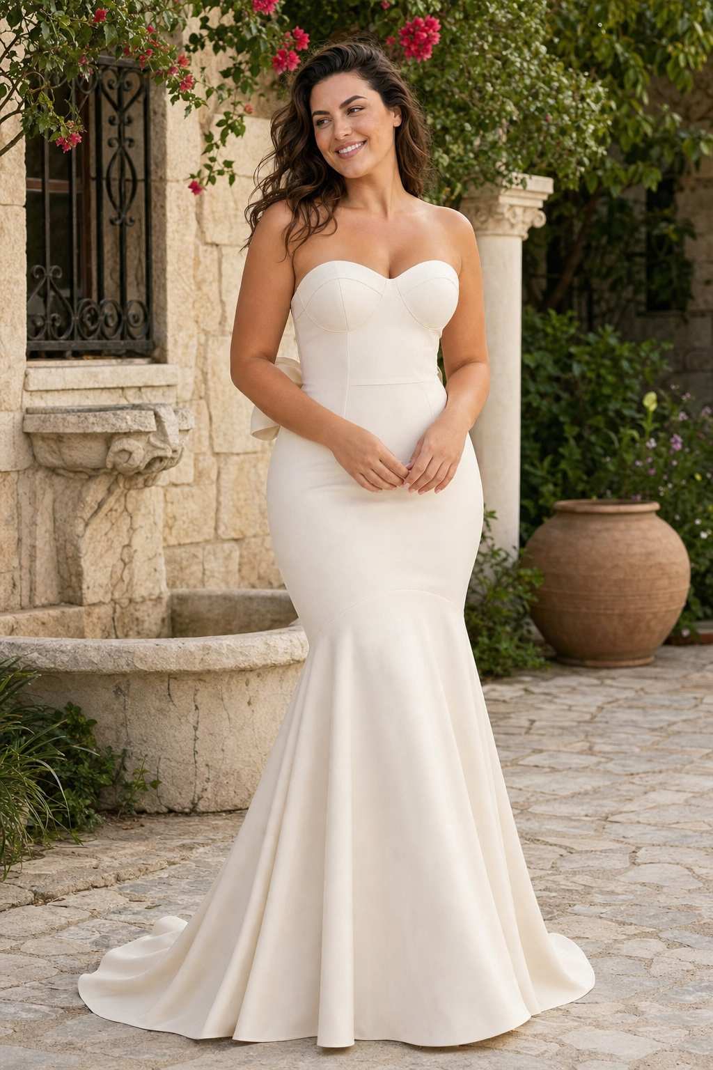 Plus Size Strapless Bridesmaid Dress with Bow Back and Chapel Train