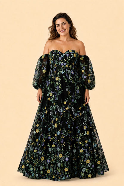 Plus Size A-Line Wedding Dress with Detachable Puff Sleeves and Embroidered Mesh