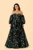 Plus Size A-Line Wedding Dress with Detachable Puff Sleeves and Embroidered Mesh