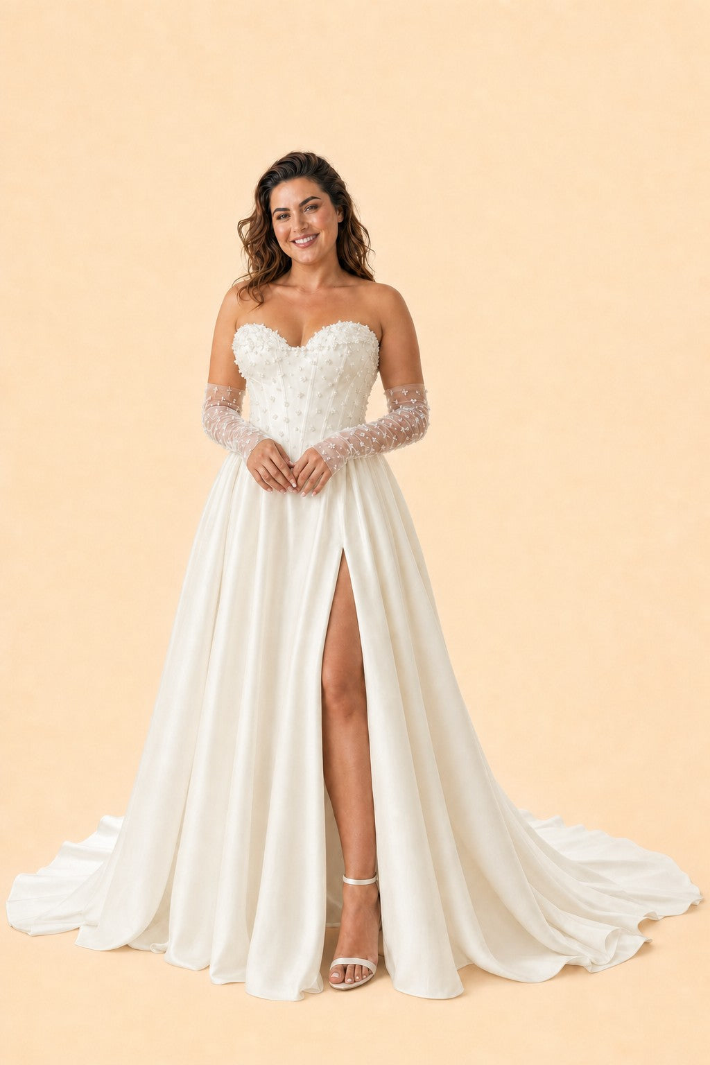 Strapless A-Line Wedding Dress with Basque Waist Beading Slit Open Back for Plus Size Brides